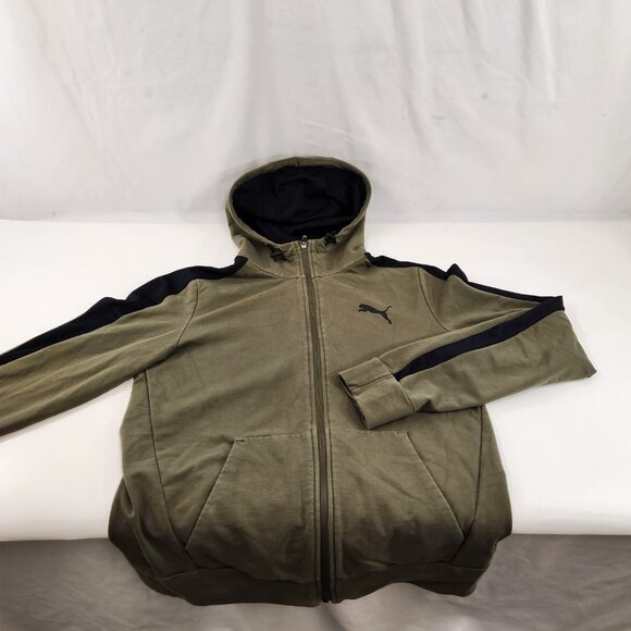 Puma Hooded Full Zip Sweatshirt Mens Size Medium Olive Green Black Stripe Logo - Picture 1 of 9